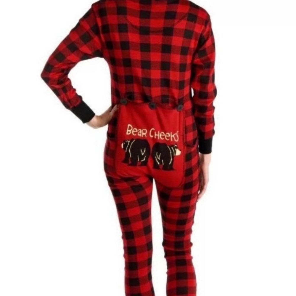 #069 LAZY ONE Plaid Bear Cheeks Womens One Piece Pajamas XS